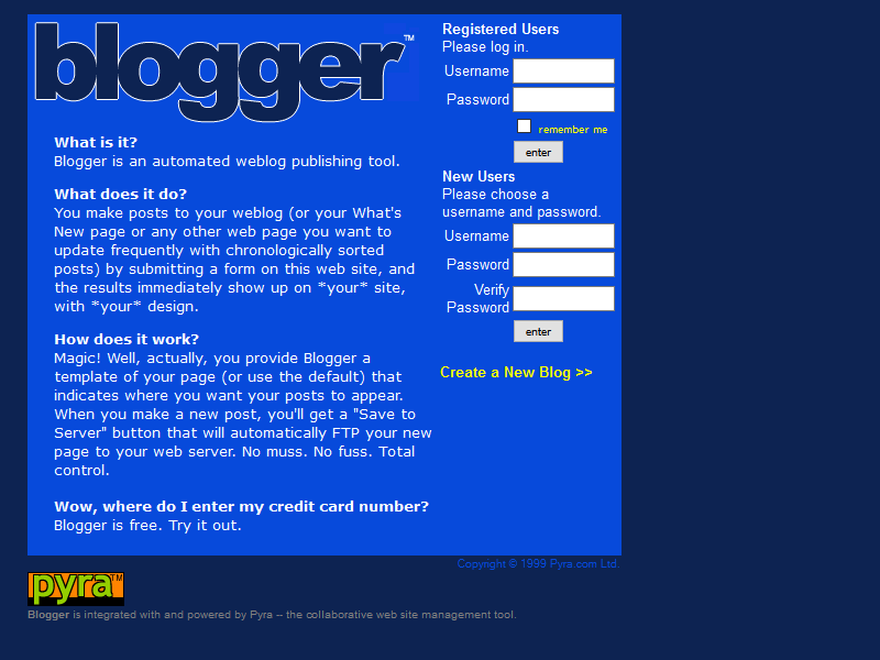 A new old habit. A screenshot of the blogger.com page back in 1999.